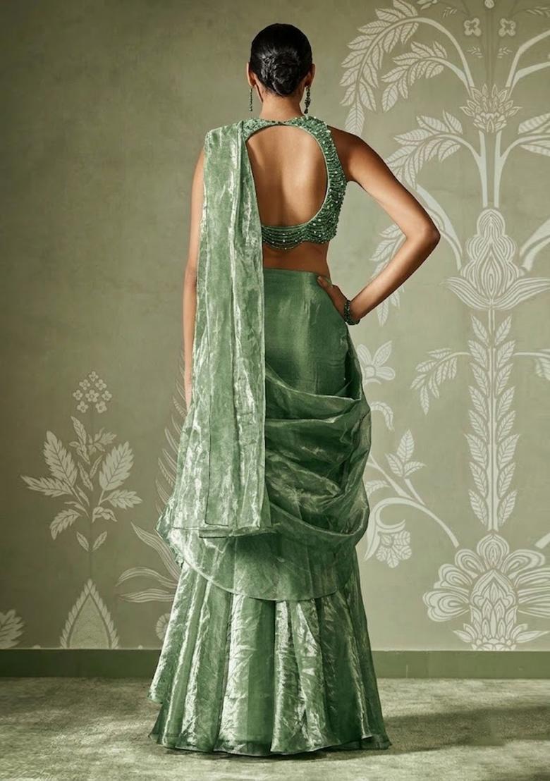 Sage Green Hand Work Chinon Pre Draped Saree Set - Indya