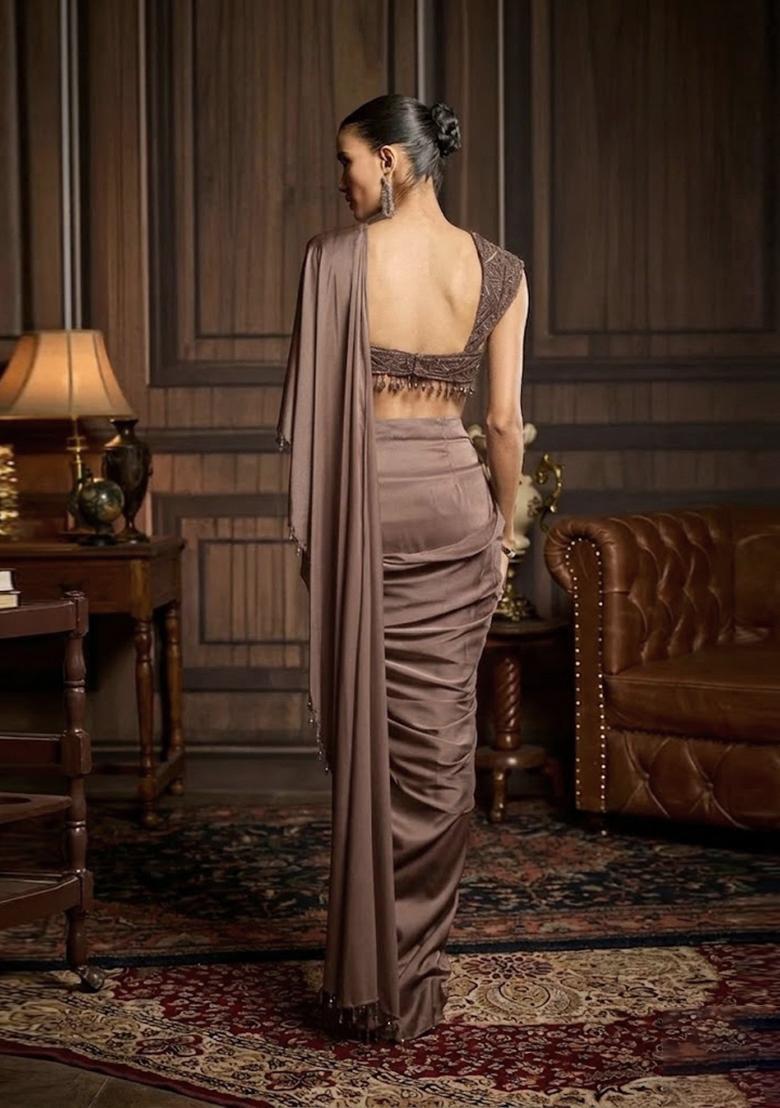 Grey Hand Work Chinon Pre Draped Saree Set - Indya