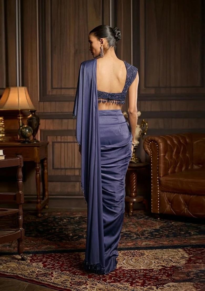 Blue Hand Work Chinon Pre Draped Saree Set - Indya