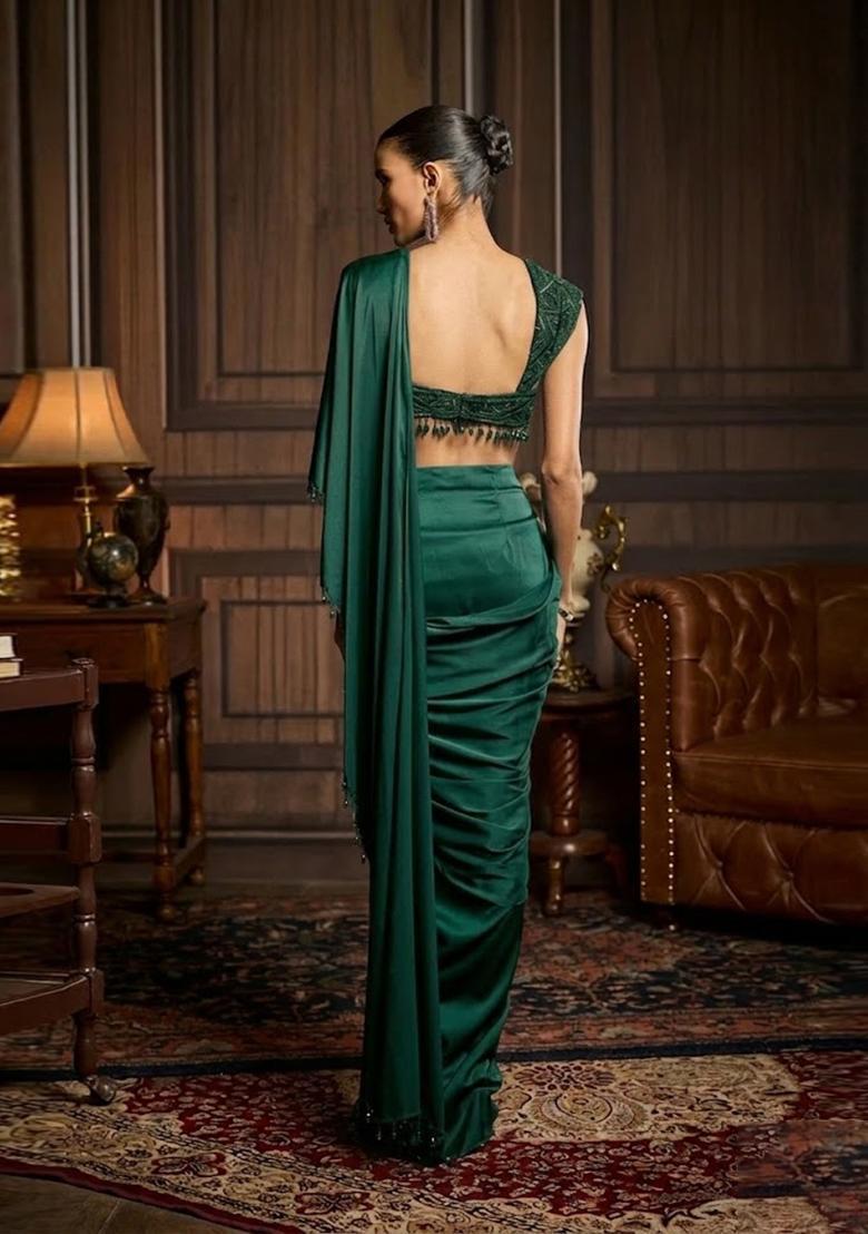 Bottle Green Hand Work Chinon Pre Draped Saree Set - Indya