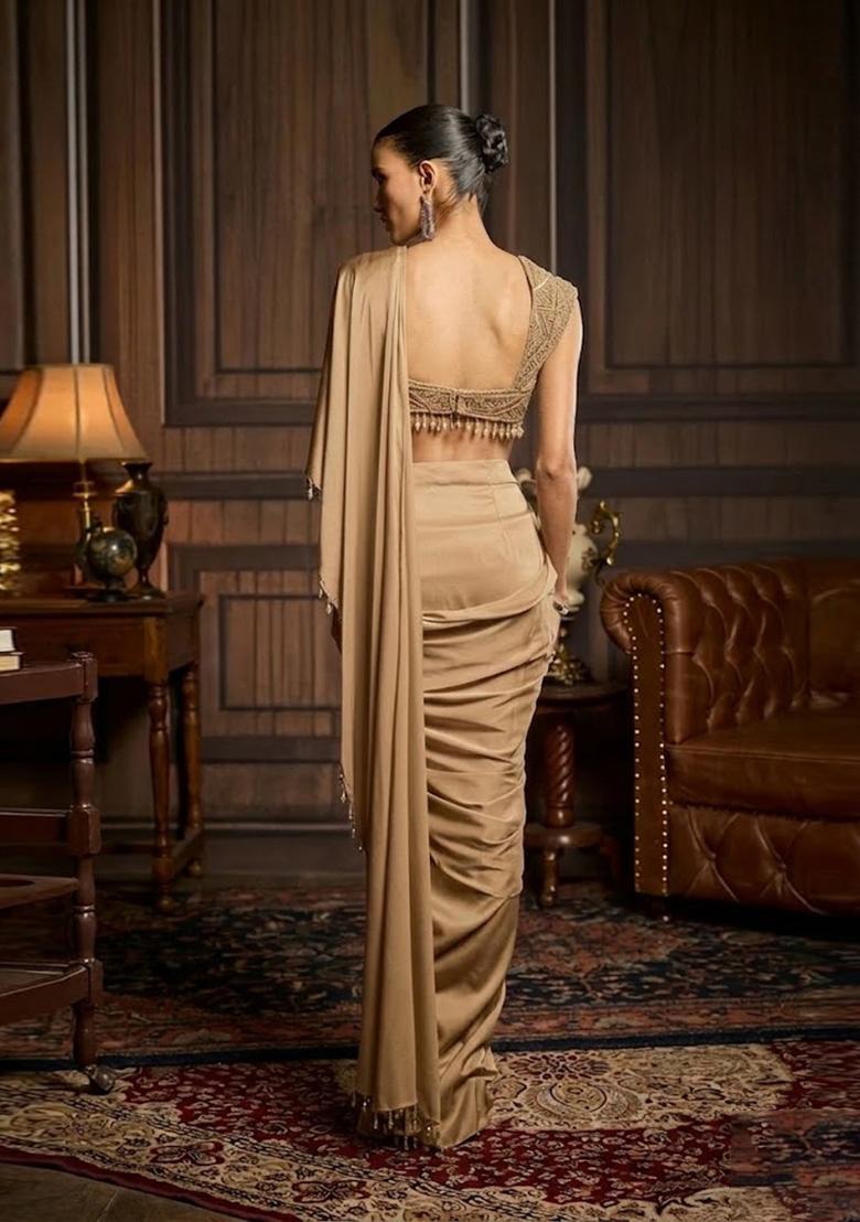 Beige Hand Work Chinon Pre Draped Saree Set - Indya