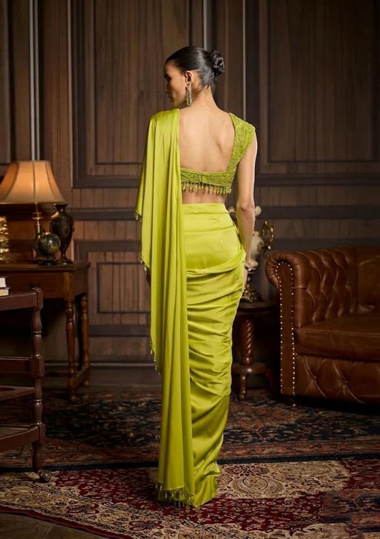Lime Green Hand Work Chinon Pre Draped Saree Set - Indya