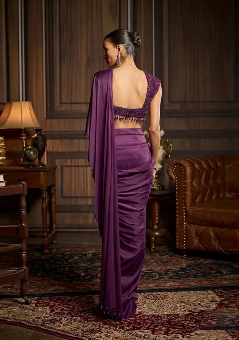 Royal Purple Hand Work Chinon Pre Draped Saree Set - Indya