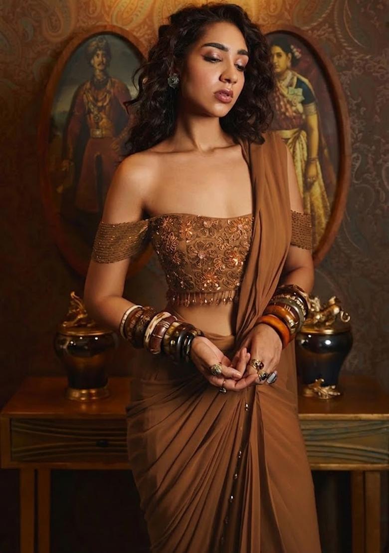 Brown Hand Work Chinon Pre Draped Saree Set - Indya