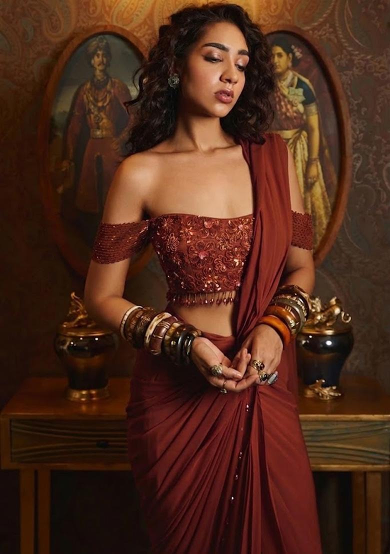 Rust Hand Work Chinon Pre Draped Saree Set - Indya