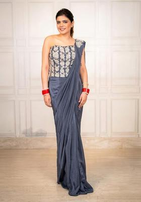 Blue Hand Work Chinon Pre Draped Saree Set