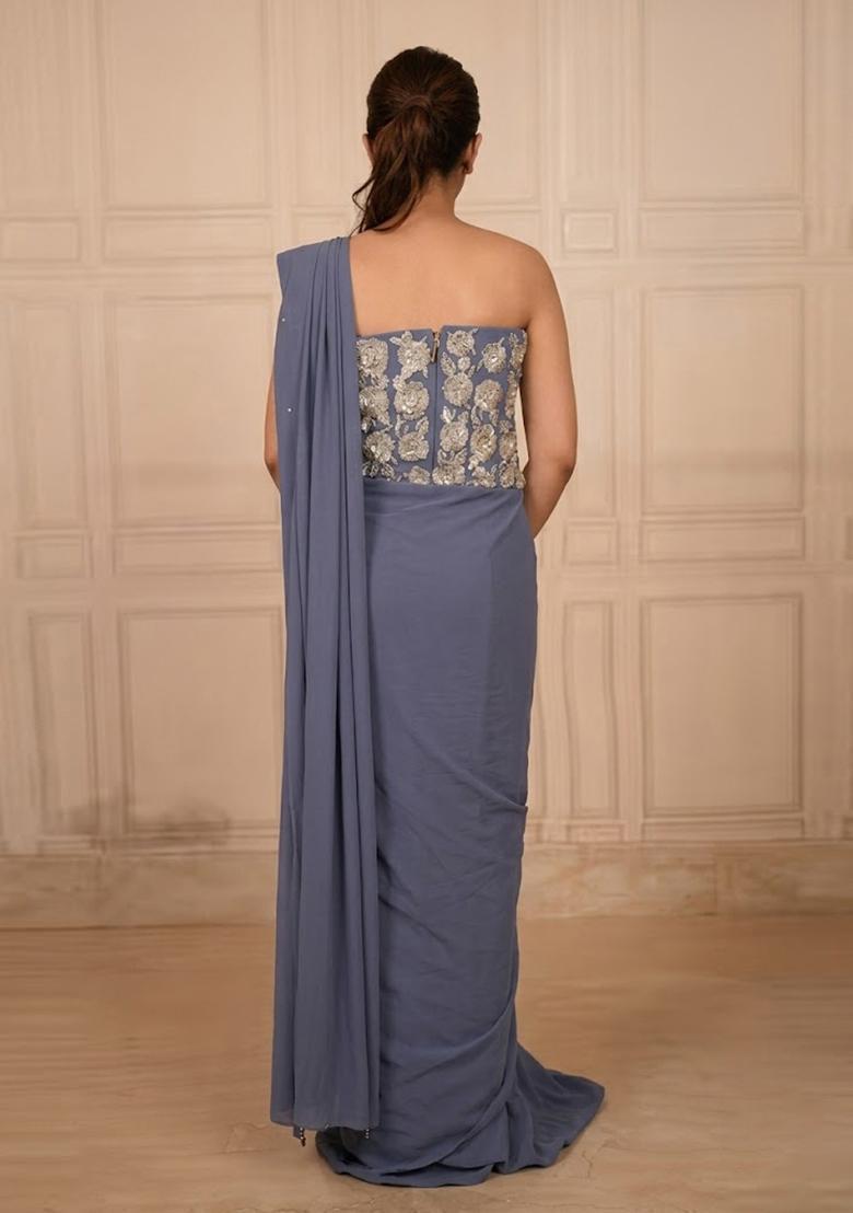 Blue Hand Work Chinon Pre Draped Saree Set - Indya