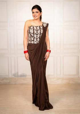 Brown Hand Work Chinon Pre Draped Saree Set