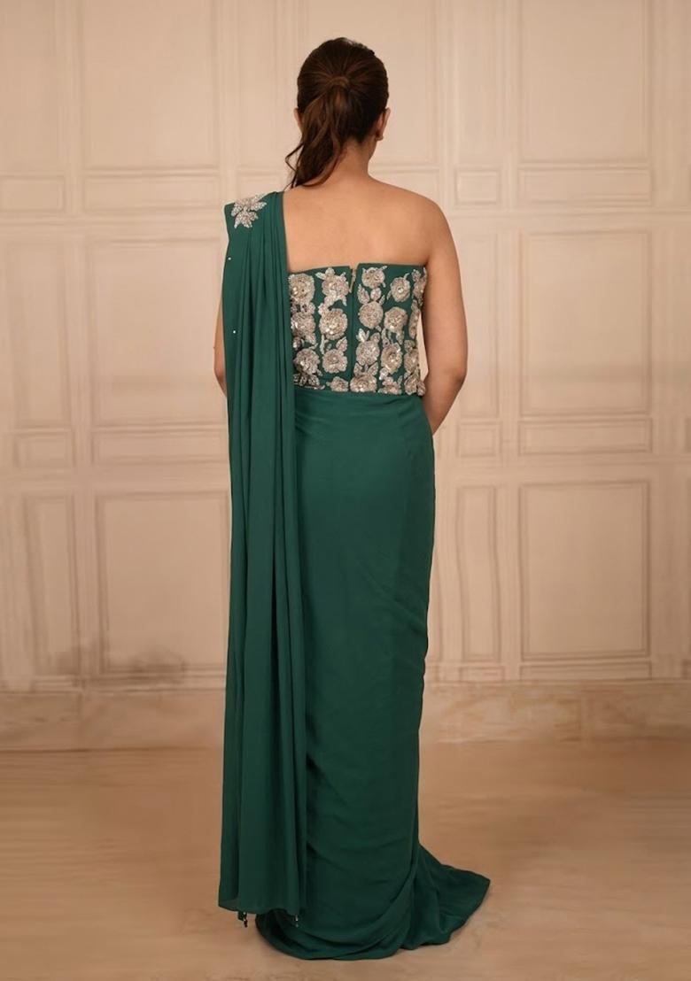 Teal Green Hand Work Chinon Pre Draped Saree Set - Indya