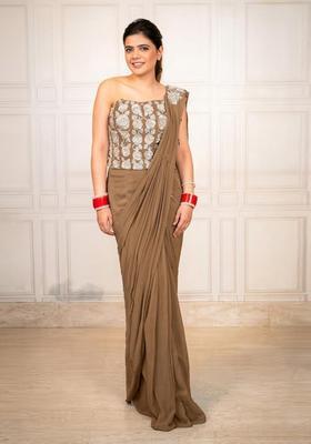 Coffee Brown Hand Work Chinon Pre Draped Saree Set