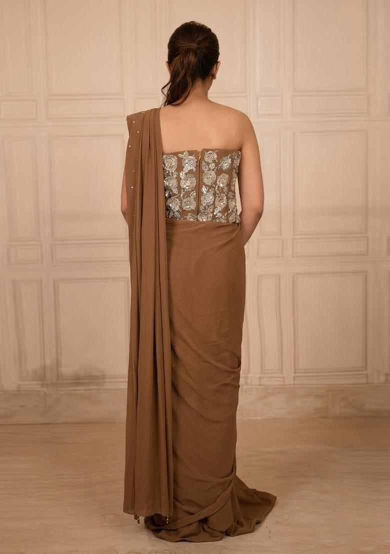 Coffee Brown Hand Work Chinon Pre Draped Saree Set - Indya