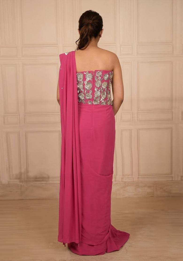 Pink Hand Work Chinon Pre Draped Saree Set - Indya