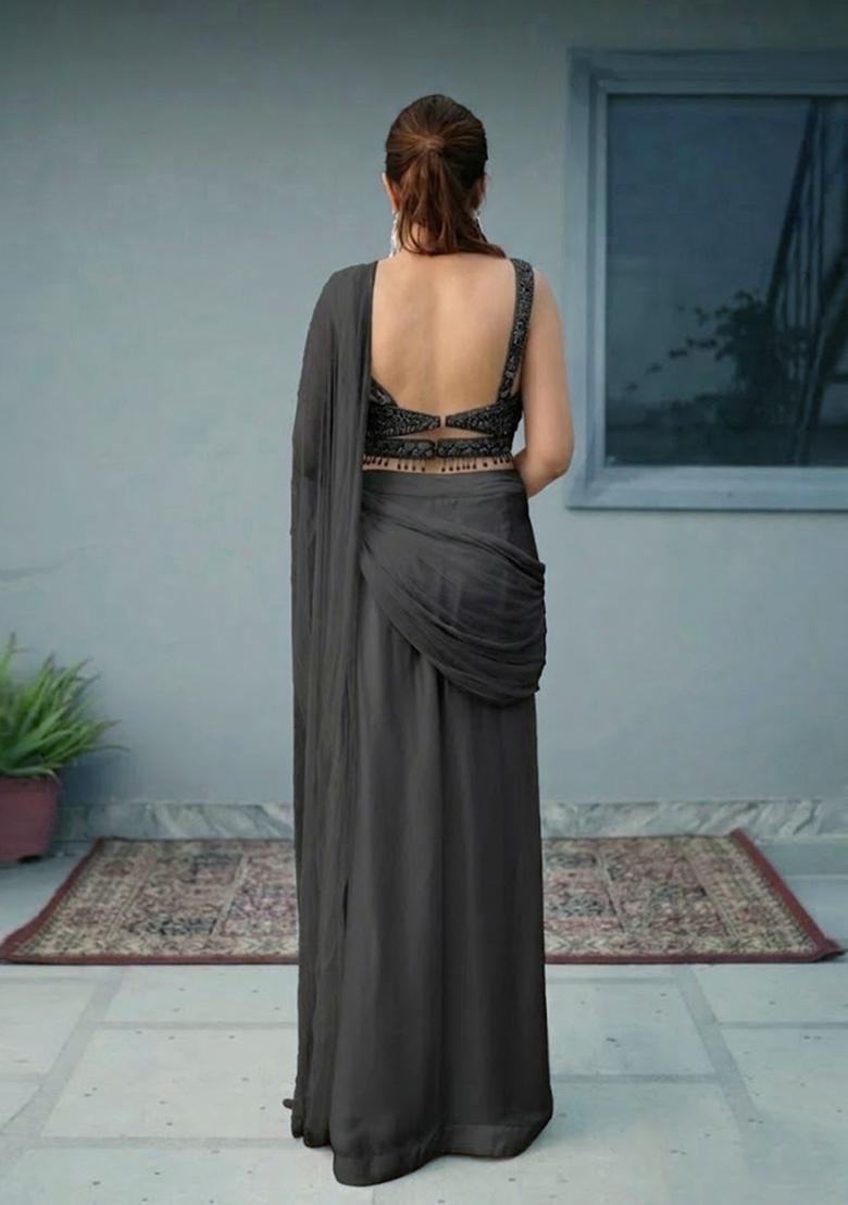 Charcoal Grey Hand Work Chinon Pre Draped Saree Set - Indya