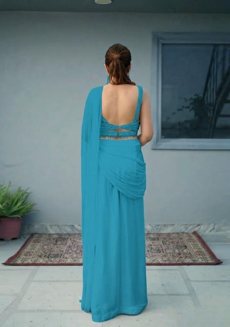 Sky Blue Hand Work Chinon Pre Draped Saree Set - Indya