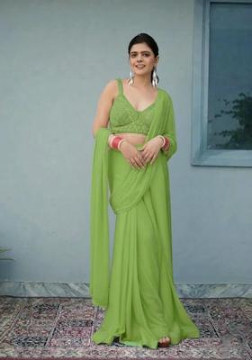 Leaf Green Hand Work Chinon Pre Draped Saree Set