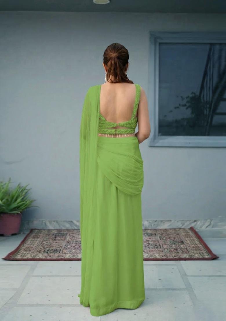 Leaf Green Hand Work Chinon Pre Draped Saree Set - Indya
