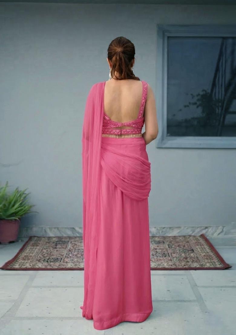 Pink Hand Work Chinon Pre Draped Saree Set - Indya
