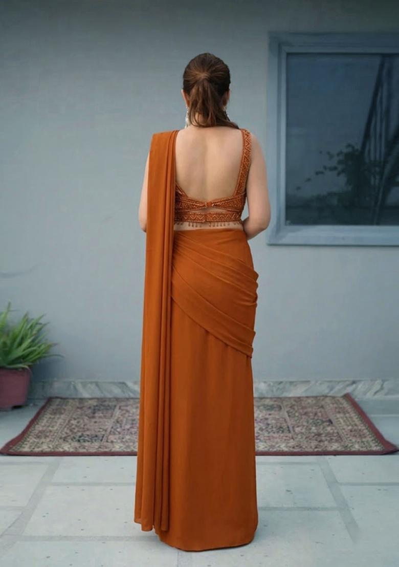 Rust Hand Work Chinon Pre Draped Saree Set - Indya