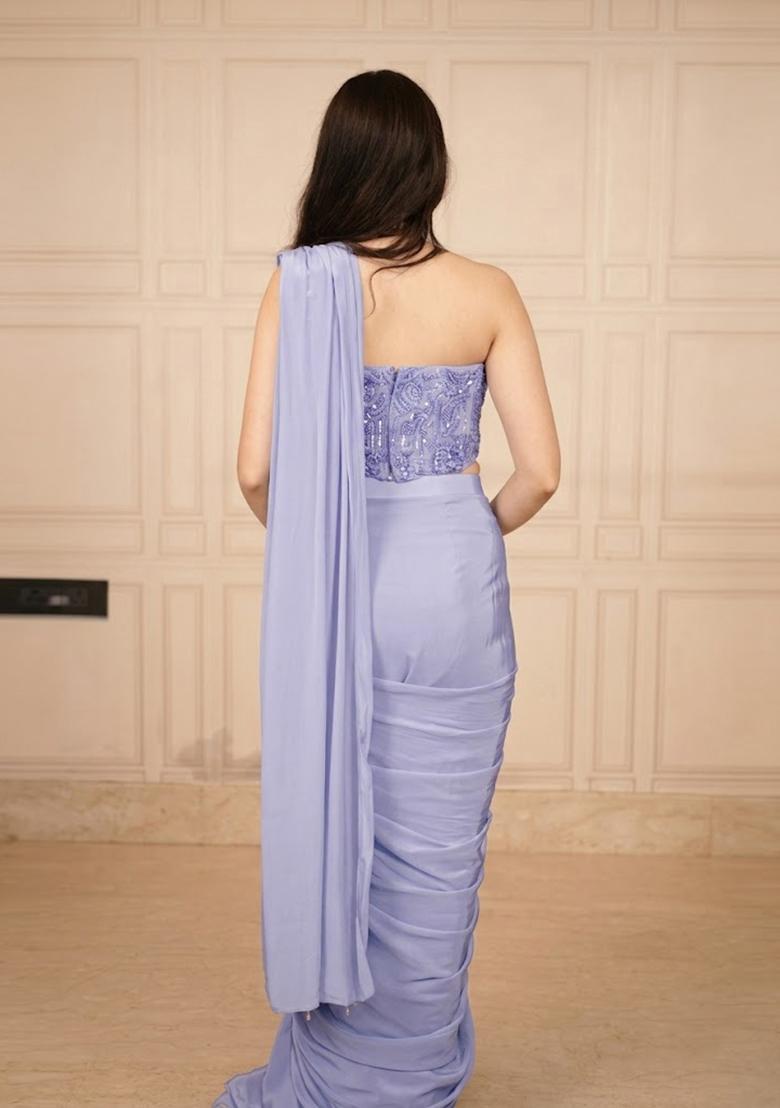 Lavender Hand Work Chinon Pre Draped Saree Set - Indya