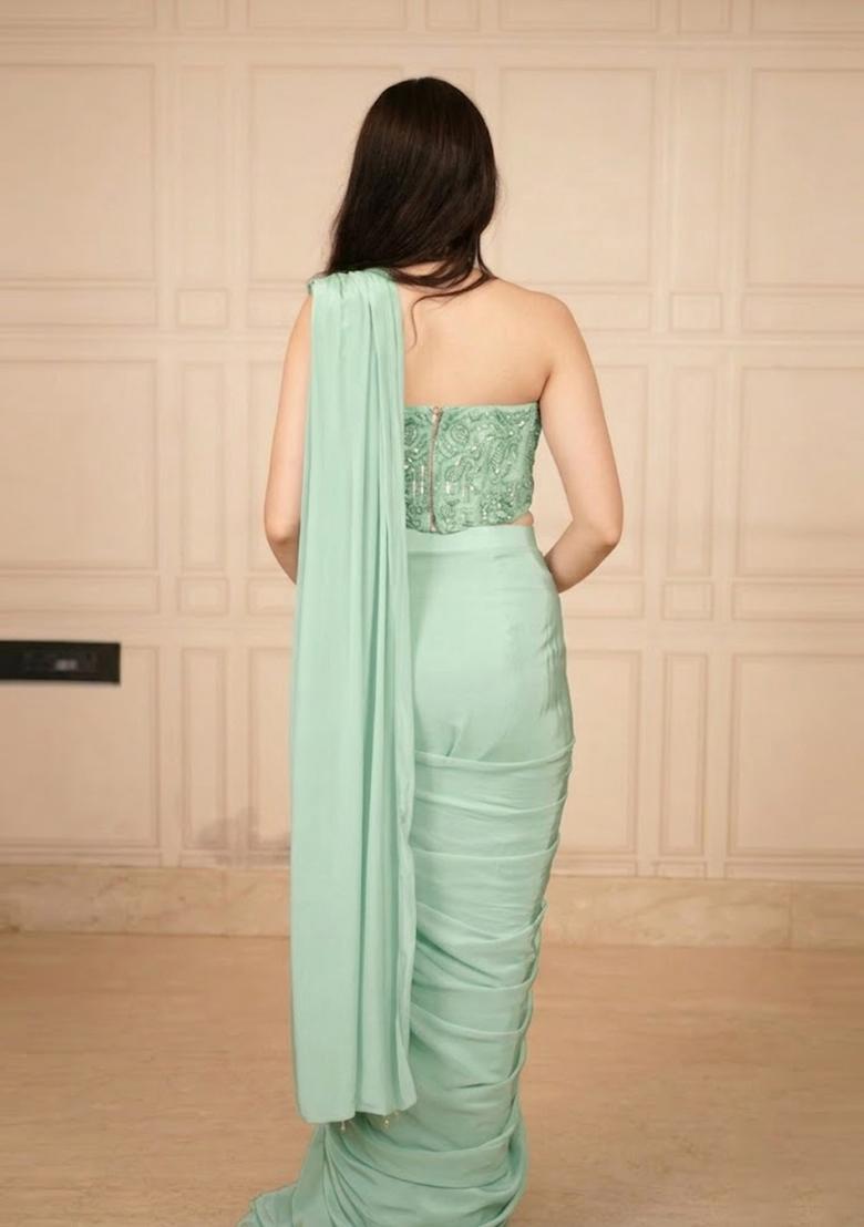 Sage Green Hand Work Chinon Pre Draped Saree Set - Indya