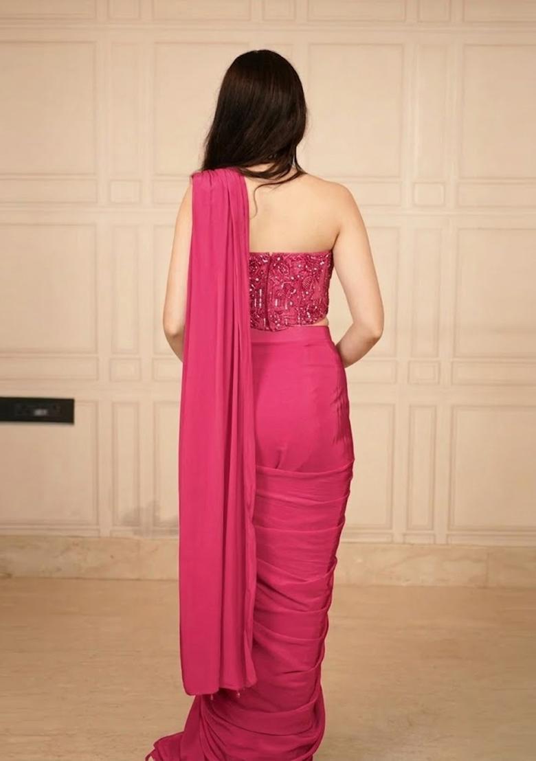 Pink Hand Work Chinon Pre Draped Saree Set - Indya