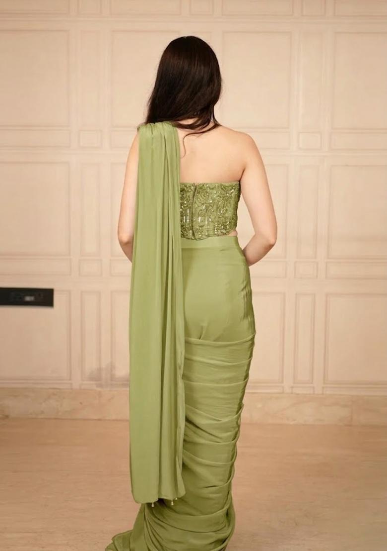 Olive Green Hand Work Chinon Pre Draped Saree Set - Indya