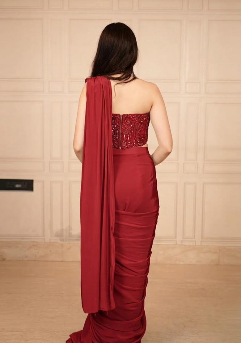 Red Hand Work Chinon Pre Draped Saree Set - Indya