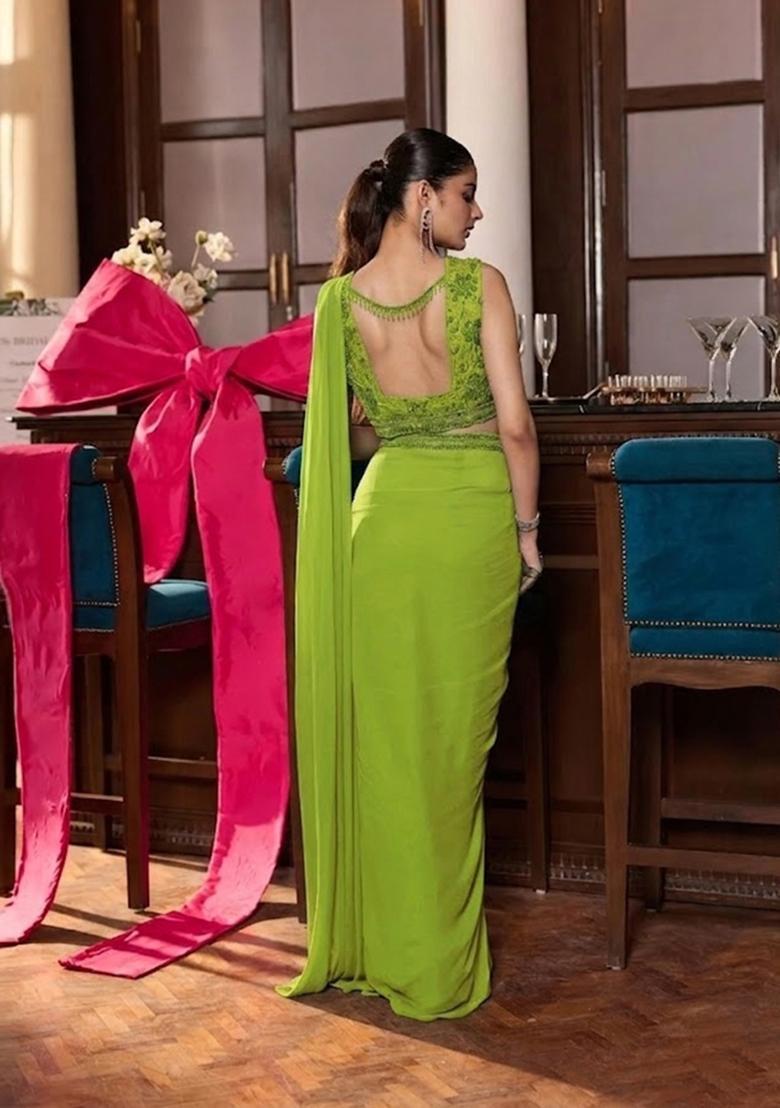 Lime Green Hand Work Chinon Pre Draped Saree Set - Indya