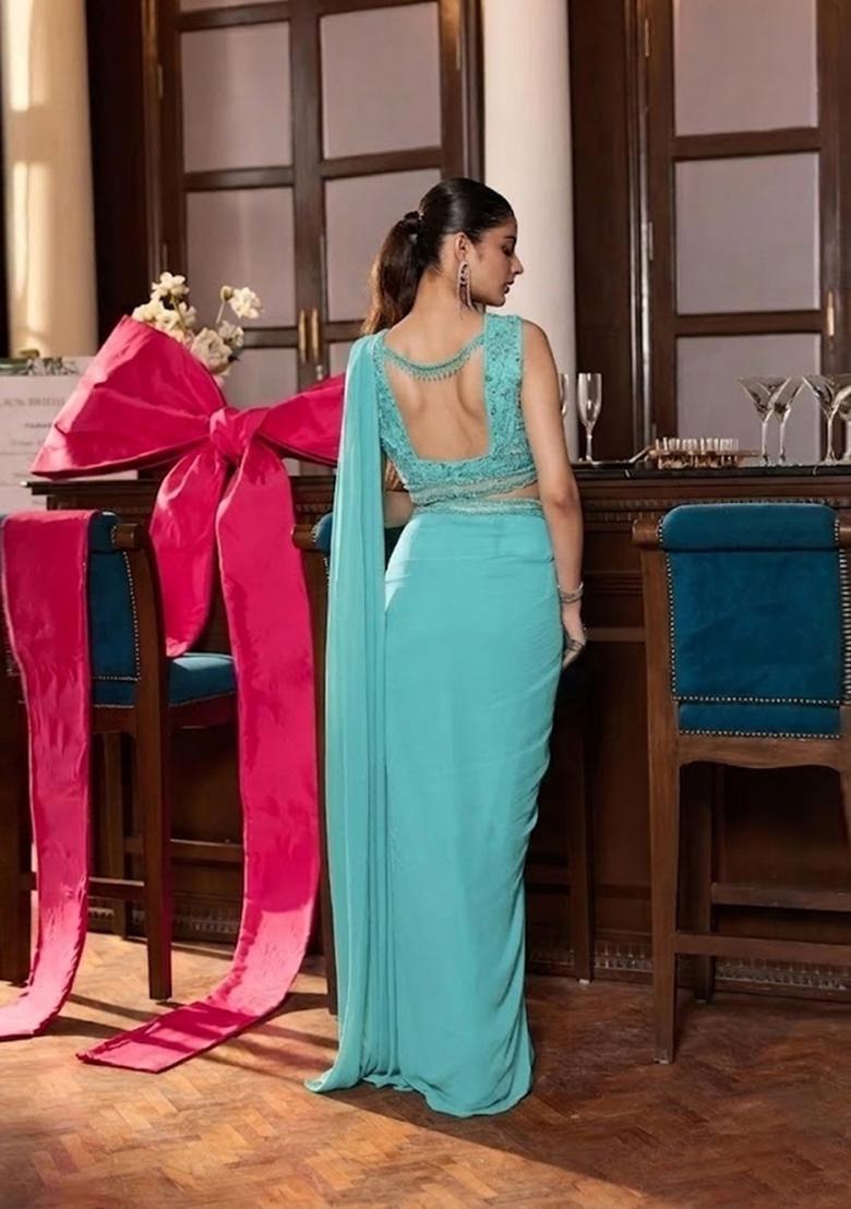 Aqua Blue Hand Work Chinon Pre Draped Saree Set - Indya