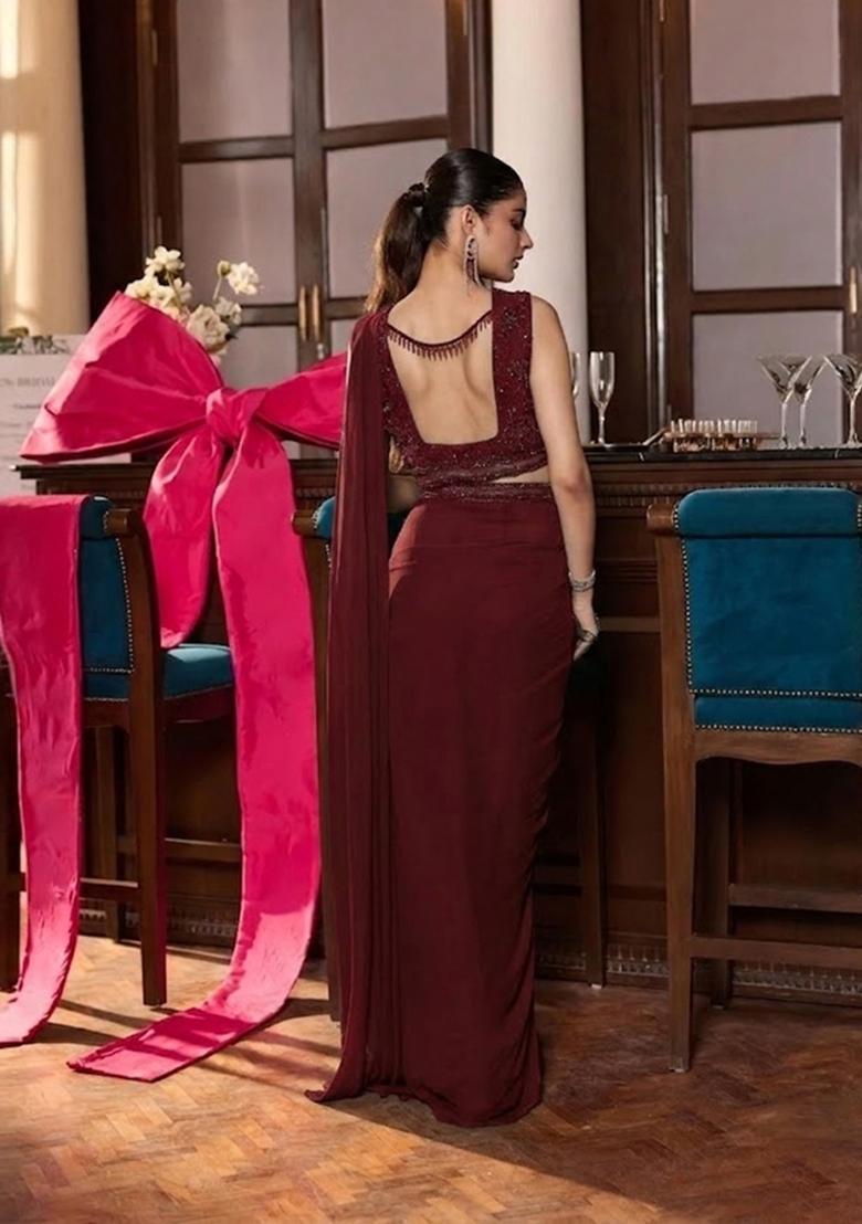 Wine Hand Work Chinon Pre Draped Saree Set - Indya
