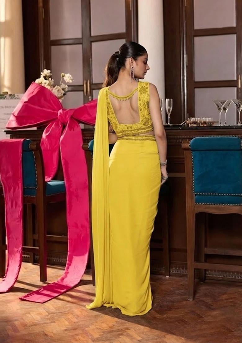 Lime Yellow Hand Work Chinon Pre Draped Saree Set - Indya