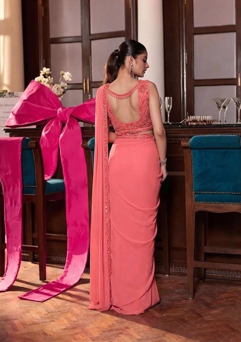 Coral Pink Hand Work Chinon Pre Draped Saree Set - Indya