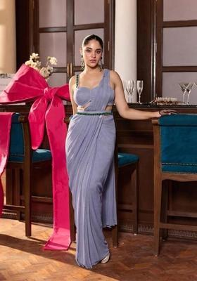Lavender Hand Work Chinon Pre Draped Saree Set