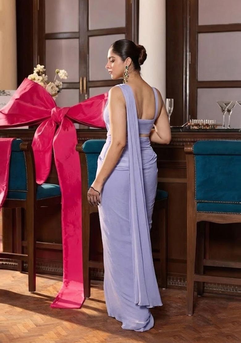 Lavender Hand Work Chinon Pre Draped Saree Set - Indya