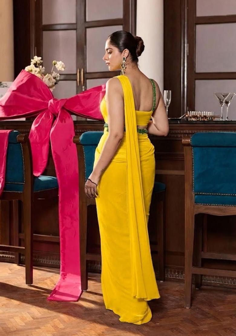 Yellow Hand Work Chinon Pre Draped Saree Set - Indya