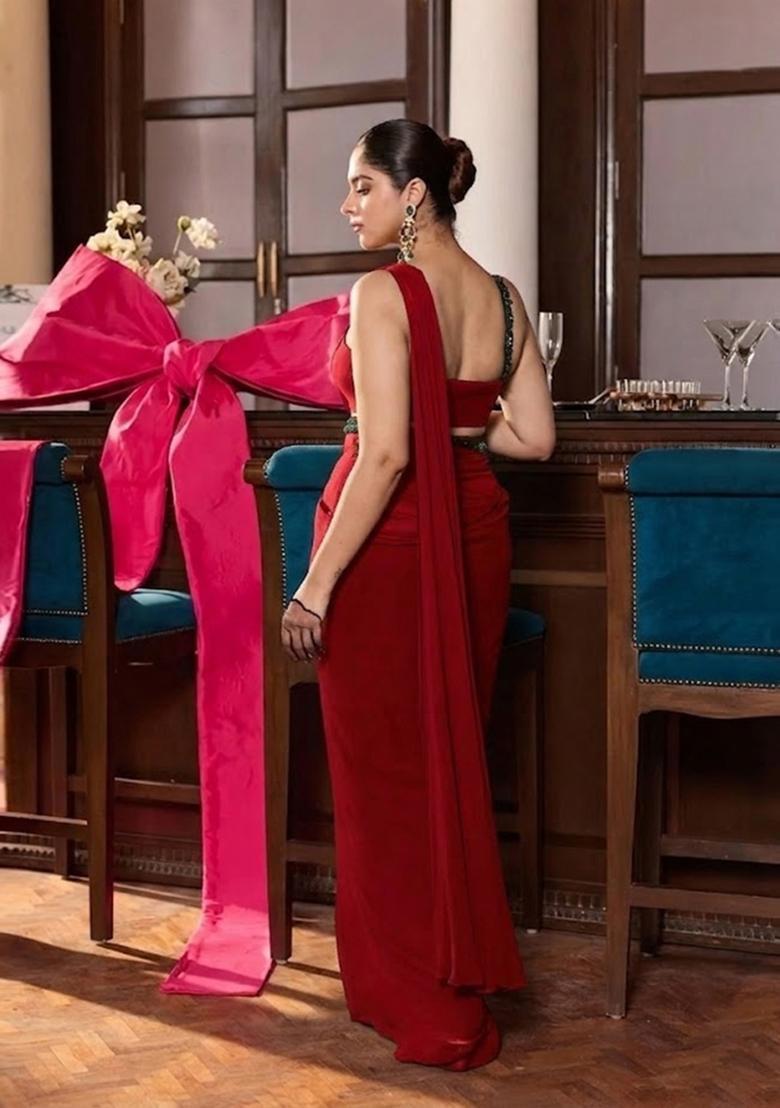 Deep Red Hand Work Chinon Pre Draped Saree Set - Indya
