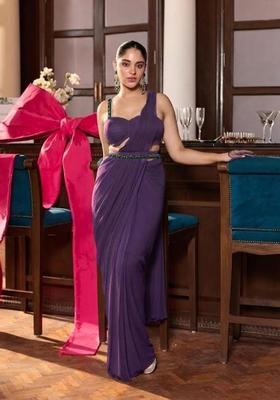Purple Hand Work Chinon Pre Draped Saree Set
