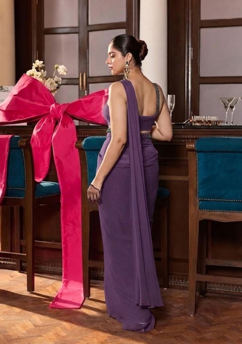 Purple Hand Work Chinon Pre Draped Saree Set - Indya
