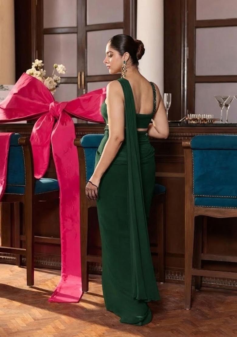 Dark Green Hand Work Chinon Pre Draped Saree Set - Indya