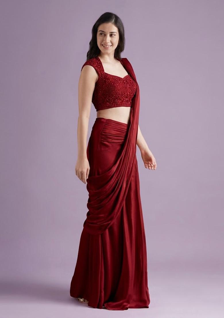 Dark Red Hand Work Crepe Pre Draped Saree Set - Indya