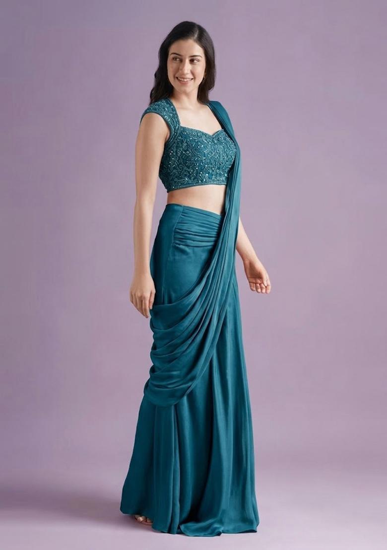 Navy Blue Hand Work Crepe Pre Draped Saree Set - Indya