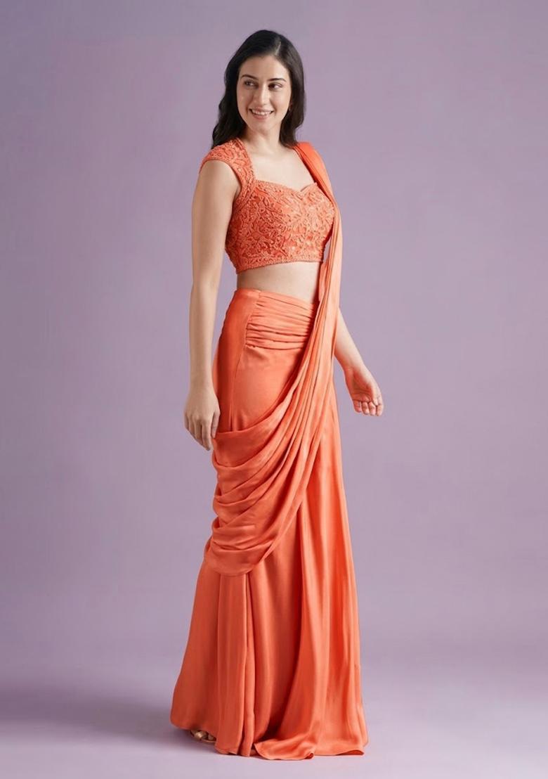 Coral Pink Hand Work Crepe Pre Draped Saree Set - Indya