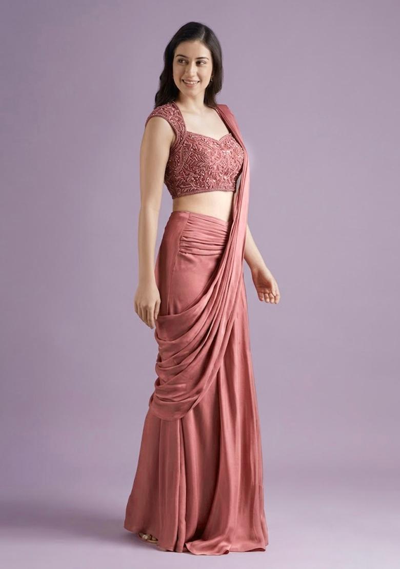 Dusty Pink Hand Work Crepe Pre Draped Saree Set - Indya