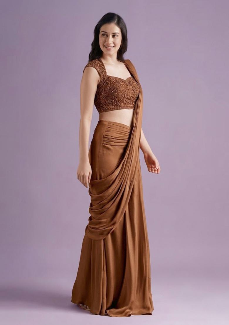 Blush Pink Hand Work Crepe Pre Draped Saree Set - Indya