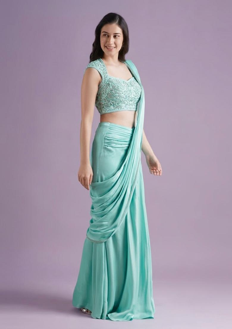 Sea Green Hand Work Crepe Pre Draped Saree Set - Indya
