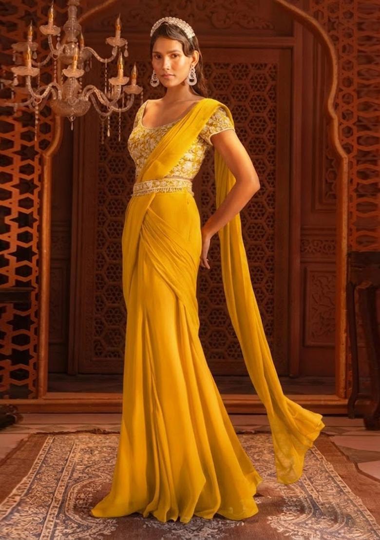 Yellow Hand Work Georgette Pre Draped Saree Set - Indya