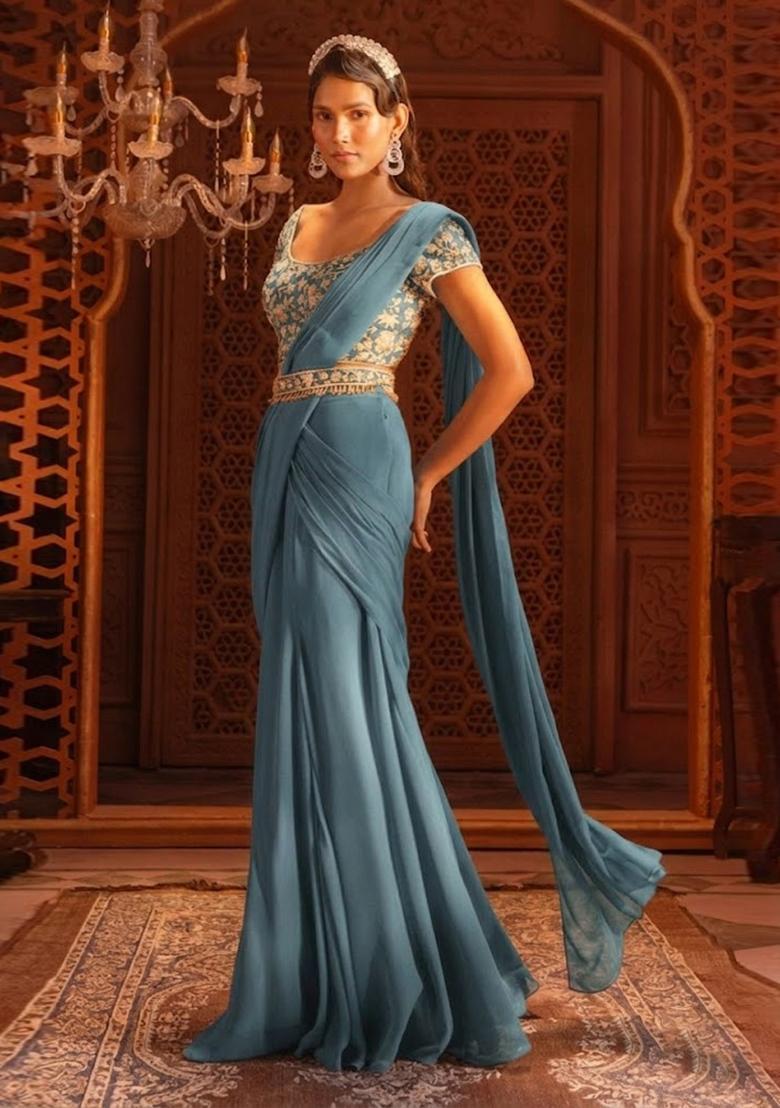 Blue Hand Work Georgette Pre Draped Saree Set - Indya