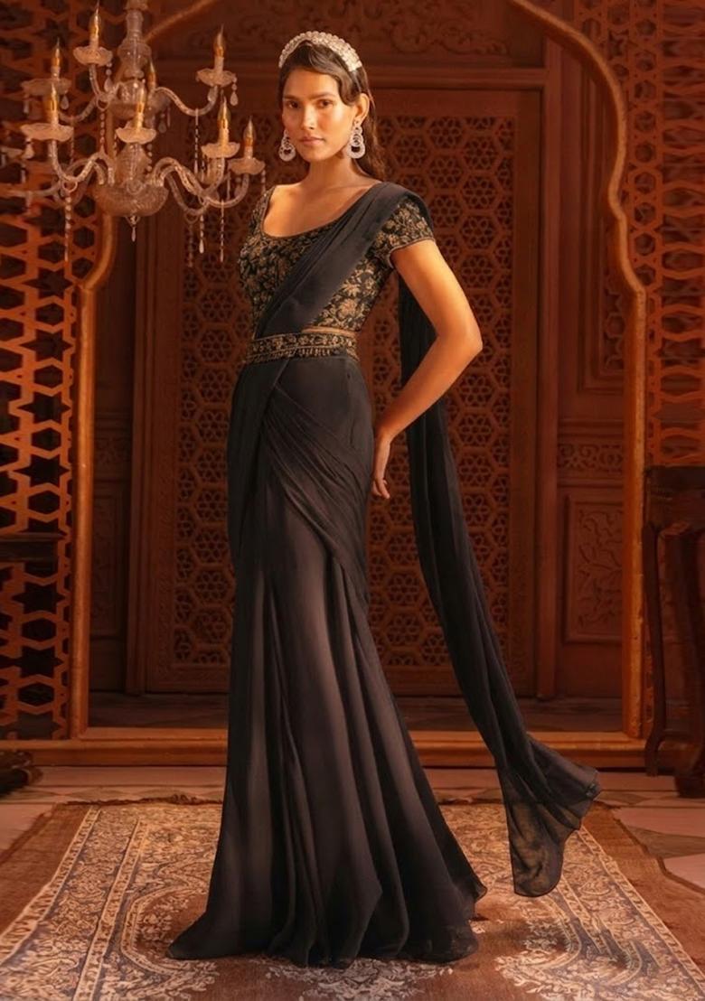 Black Hand Work Georgette Pre Draped Saree Set - Indya