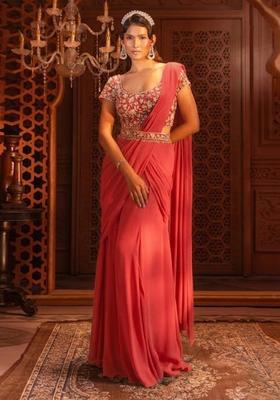 Coral Orange Hand Work Georgette Pre Draped Saree Set
