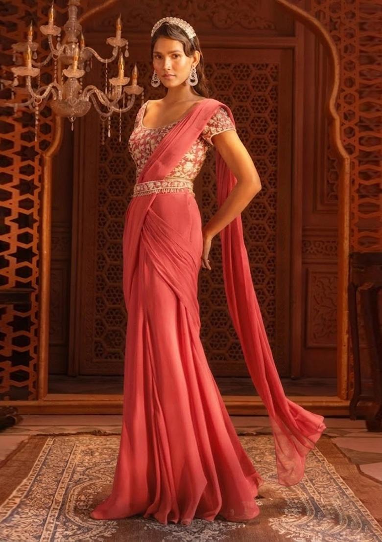 Coral Orange Hand Work Georgette Pre Draped Saree Set - Indya